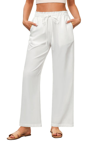Cream White Women's Comfortable Cool-Touch Drawstring Full-Length Lightweight Wide Leg Trousers