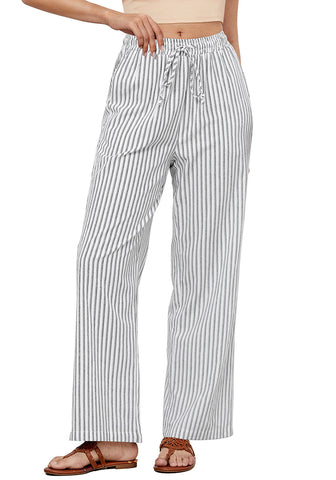 White Black Stripe Women's Drawstring Full Length High Waist Long Pants Wide Leg Striped Trousers