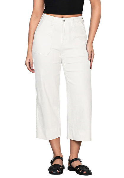 Cream White Women's Cropped High Rise Denim Pull On Retro Wide Leg Jeans