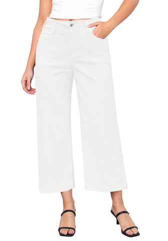 Cream White Women's High Waisted Wide Leg Denim Cropped Jean Pants for Curvy