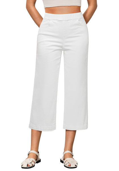 Cream White Women's Denim Capri Elastic Waist High Waist Pant Pocket