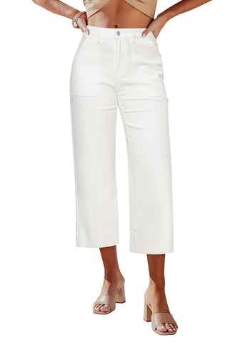 Cream White Women's Cropped High Rise Denim Pull On Retro Wide Leg Jeans