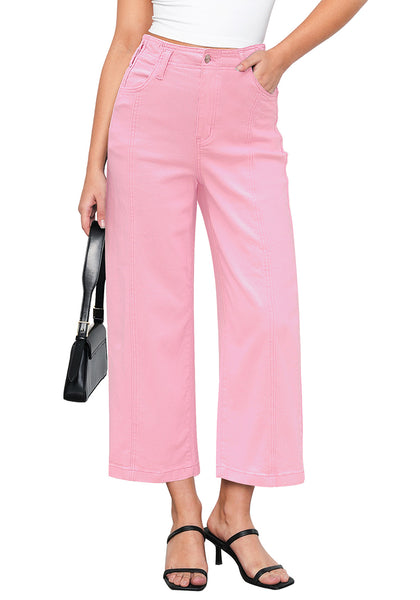 Rose Pink Women's High Waisted Wide Leg Denim Cropped Jean Pants for Curvy