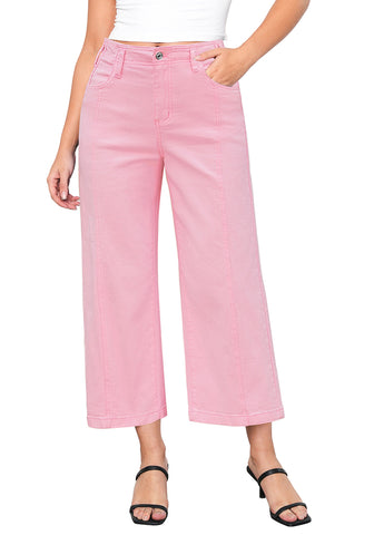 Rose Pink Women's High Waisted Wide Leg Denim Cropped Jean Pants for Curvy