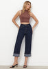 Raw Dark Blue Women's High Waisted Wide Leg Denim Jeans Cuffed Hem Baggy Pockets Capri Pants