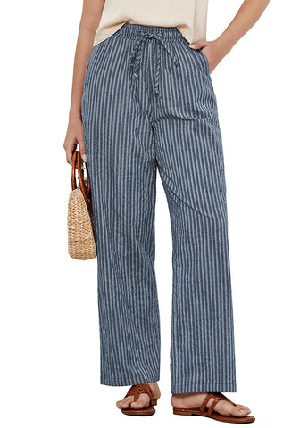 Blue Stripe Women's Drawstring Full Length High Waist Long Pants Wide Leg Striped Trousers