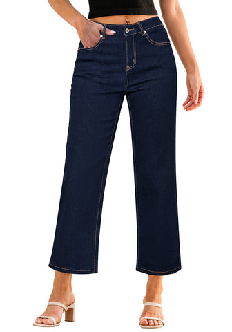 Raw Dark Blue Women's High Waisted Straight Leg Jeans Kick Flare Denim Long Pants