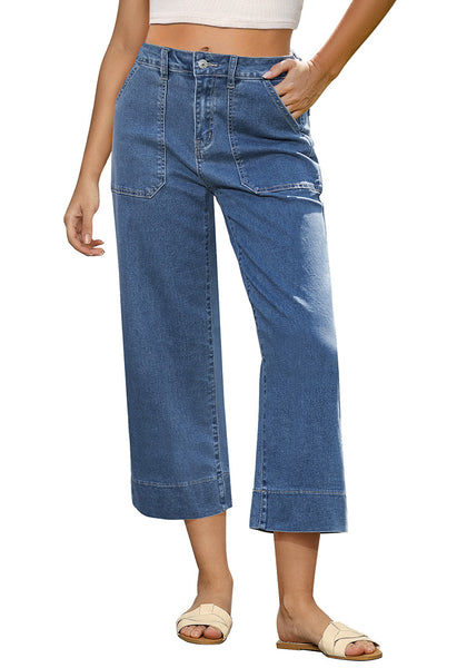 Reef Blue Women's Cropped High Rise Denim Pull On Retro Wide Leg Jeans