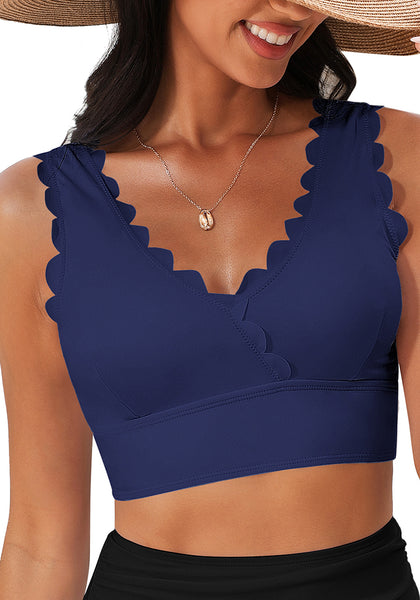 Navy Blue Women's Beach Wear Plain V-Neck Bikini Top Swimwear Wave Adjustable Strap