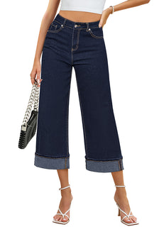 Raw Dark Blue Women's High Waisted Wide Leg Denim Jeans Cuffed Hem