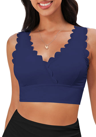 Navy Blue Women's Beach Wear Plain V-Neck Bikini Top Swimwear Wave Adjustable Strap