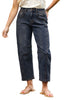 Vintage Dark Blue Women's Cropped Denim High Waisted Jeans Pull On Straight Leg Stretch Barrel Jeans