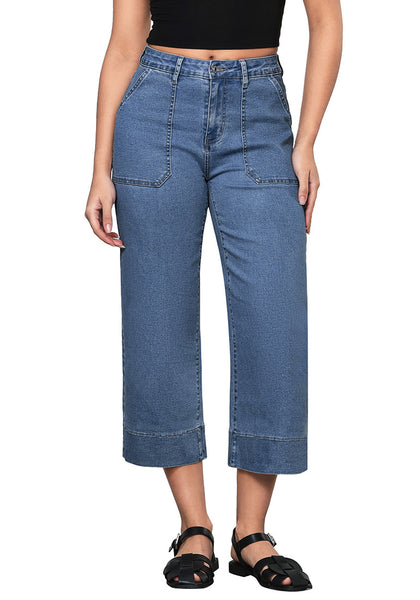 Reef Blue Women's Cropped High Rise Denim Pull On Retro Wide Leg Jeans