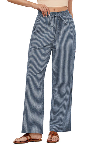 Blue Stripe Women's Drawstring Full Length High Waist Long Pants Wide Leg Striped Trousers