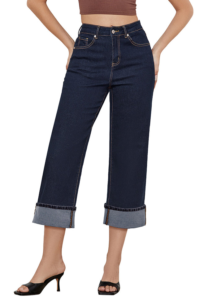 GRAPENT Women's High Waisted Wide Leg Jean Capris - Raw Hem Stretchy Denim Capri Pants