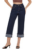 Raw Dark Blue Women's High Waisted Wide Leg Denim Jeans Cuffed Hem Baggy Pockets Capri Pants