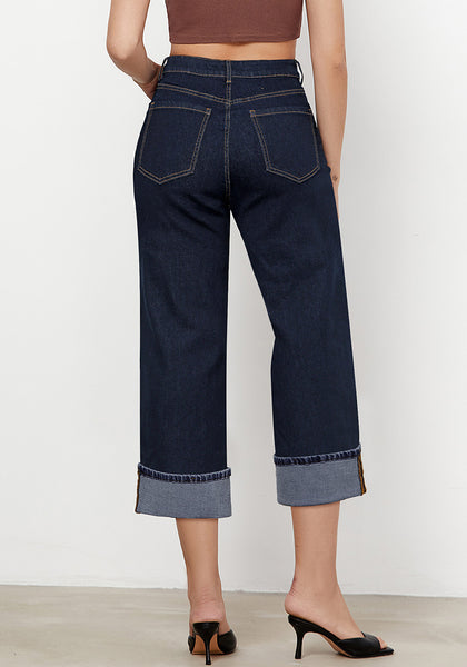 Raw Dark Blue Women's High Waisted Wide Leg Denim Jeans Cuffed Hem Baggy Pockets Capri Pants