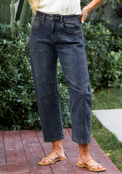 Vintage Dark Blue Women's Cropped Denim High Waisted Jeans Pull On Straight Leg Stretch Barrel Jeans