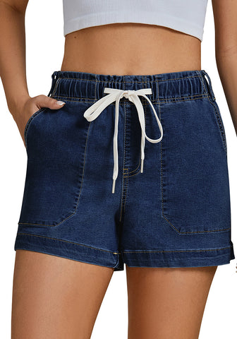 Darkness Blue Women's Comfy Denim Drawstring Flat Front Jean Pocket Shorts Stretch Utility Styles