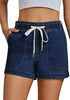 Darkness Blue Women's Comfy Denim Drawstring Flat Front Jean Pocket Shorts Stretch Utility Styles