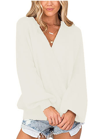 LookbookStore  Cream White Women's Knit Long Sleeve Faux Wrap Surplice V Neck Sweater Top