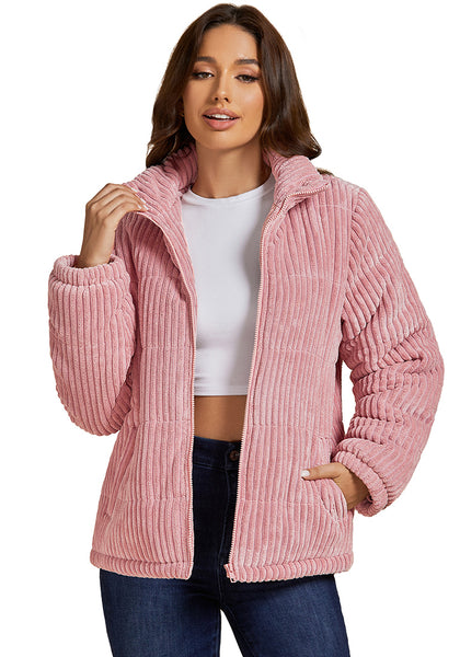 Pink Women Casual Corduroy Winter Full Front Zip Stand Neck Long Fit Moderate Jackets