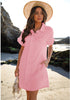 Candy Pink Women's Beach Cover Up Dress Button Down Shirt Ruffle Sleeves Dresses Casual Summer With Pockets