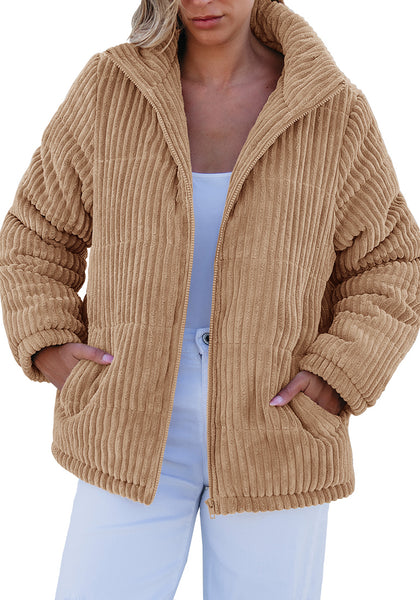 Beige Women Casual Corduroy Winter Full Front Zip Stand Neck Long Fit Moderate Jackets