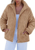 Beige Women Casual Corduroy Winter Full Front Zip Stand Neck Long Fit Moderate Jackets