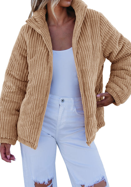 Beige Women Casual Corduroy Winter Full Front Zip Stand Neck Long Fit Moderate Jackets