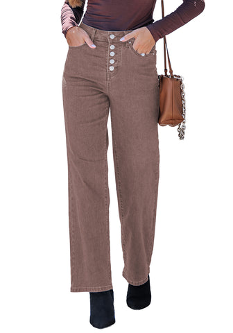 Pecan Brown Trendy Wide Leg Jeans for women Chic High Waisted Stretchy Button Front Denim Pants