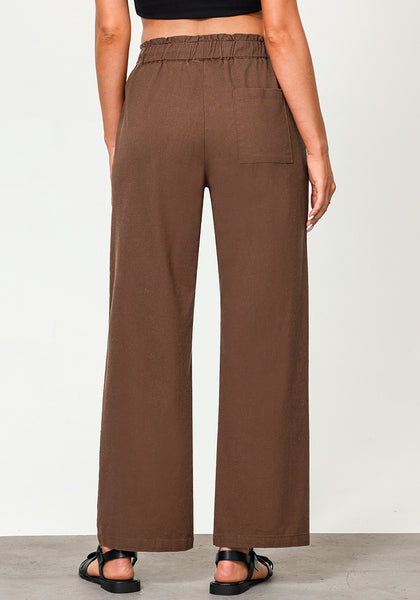 Brown Women's Casual Full Length Elastic High Waist Relaxed Fit Wide Leg Pants with Pocket