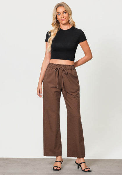 Brown Women's Casual Full Length Elastic High Waist Relaxed Fit Wide Leg Pants with Pocket