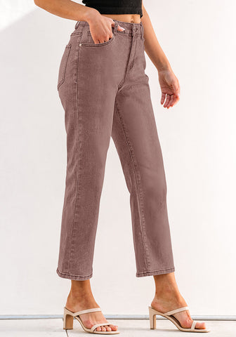 Pecan Brown Women's High Waisted Straight Leg Jeans Kick Flare Denim Long Pants