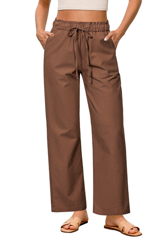 Brown Women's Comfortable Cool-Touch Drawstring Full-Length Lightweight Wide Leg Trousers