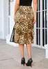 Golden Brown Cheetah Satin Midi Skirt — High Waisted A Line Slip Skirt with Slit, Lace Trim & Stretchy Waist