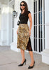 Golden Brown Cheetah Satin Midi Skirt — High Waisted A Line Slip Skirt with Slit, Lace Trim & Stretchy Waist