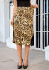 Golden Brown Cheetah Satin Midi Skirt — High Waisted A Line Slip Skirt with Slit, Lace Trim & Stretchy Waist