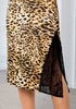Golden Brown Cheetah Satin Midi Skirt — High Waisted A Line Slip Skirt with Slit, Lace Trim & Stretchy Waist