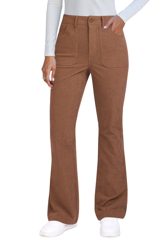 Pecan Brown Women's High Quality Corduroy Pants High Waist Winter Flared Pants Carry Pockets