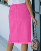 Hot Pink Frayed Hem Button-Down Midi Denim Skirt