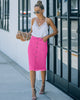 Hot Pink Frayed Hem Button-Down Midi Denim Skirt