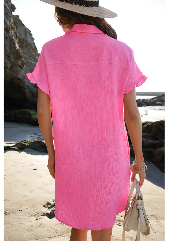 Hot Pink Women's Beach Cover Up Dress Button Down Shirt Ruffle Sleeves –  Lookbook Store