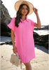 Hot Pink Women's Beach Cover Up Dress Button Down Shirt Ruffle Sleeves Dresses Casual Summer With Pockets