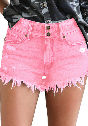 Hot Pink Women's Mid Rise Frayed Ripped Raw Hem Denim Jean Shorts