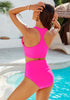 Hot Pink Women High Waisted Two Pieces Bathing Suits Twisted Front Fully Lined Swimsuits