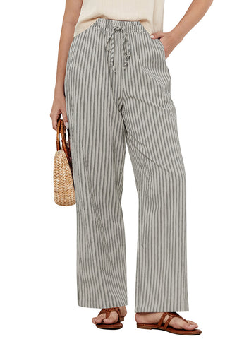 Khaki Black Stripe Women's Drawstring Full Length High Waist Long Pants Wide Leg Striped Trousers