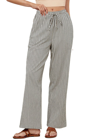 Khaki Black Stripe Women's Drawstring Full Length High Waist Long Pants Wide Leg Striped Trousers
