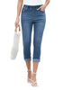 Vintage Blue Women's High Waisted Elastic Slight Stretch Denim Pull On Cuffed Hem Capri Jeans Denim Pants