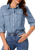 Bay Blue Women's Long Sleeve Shirt Button Front Western-inspired Urban Streetwear Denim Blouse Top